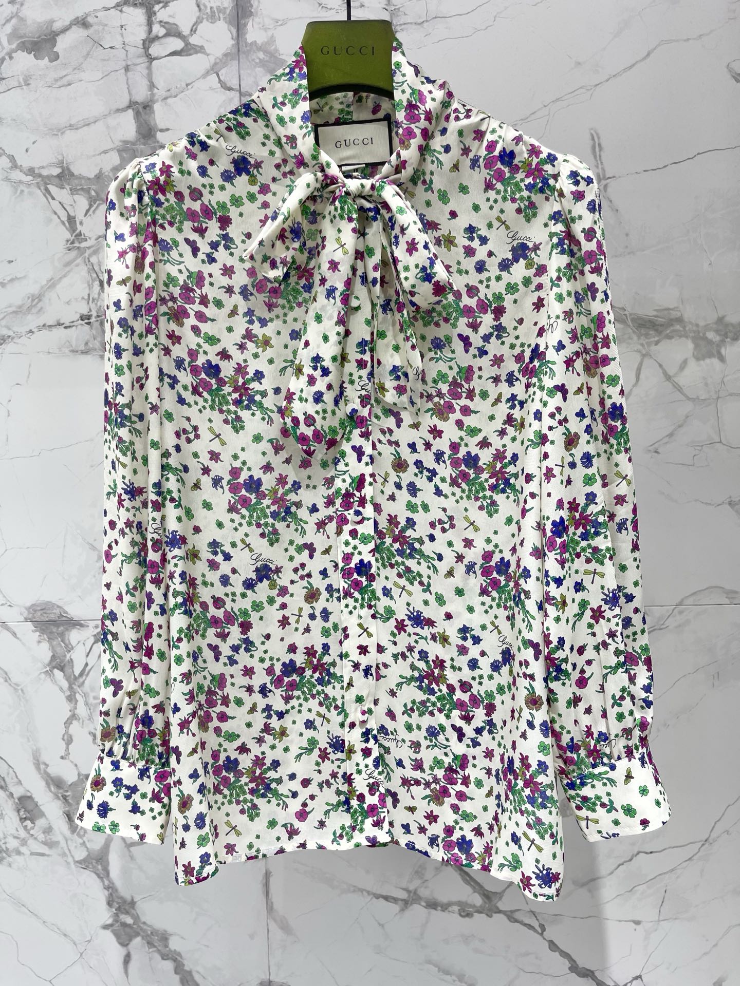 GU 26 Multi Color Wild Flower Bow Collar Satin Shirt