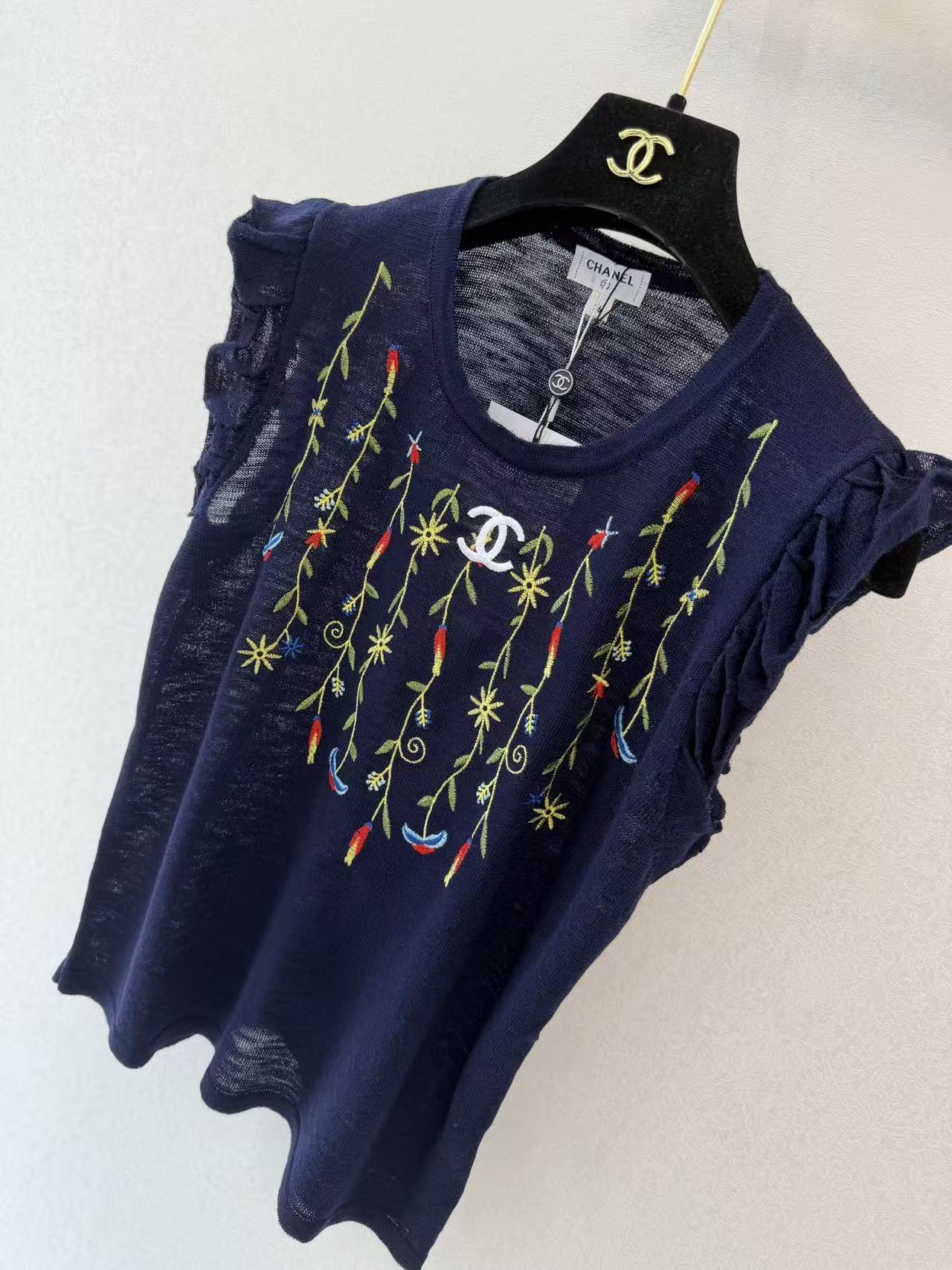 Cha 26 Navy Sleeveless Knit Tank Top Ruffle Shoulder Colorful Vine Floral Embroidery Front