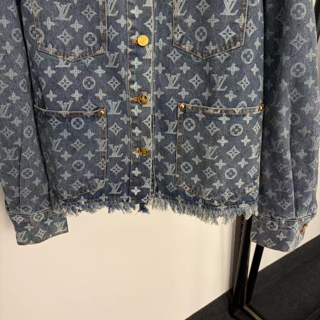LO 26 Dark Blue All Over Jacquard Pattern Round Neck Fringe Hem Denim Jacket