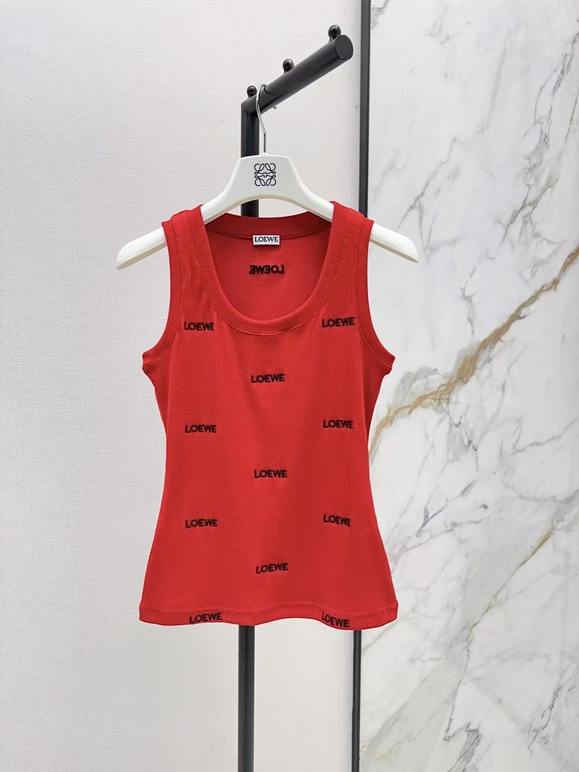 LOE 26All Over Red Letter Embroidered Ribbed Tank Top