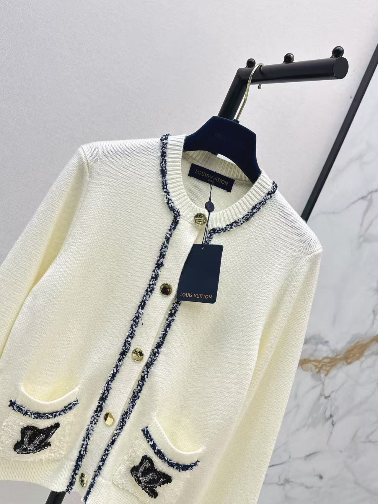 LO Tweed Trim Round Neck Knit Cardigan