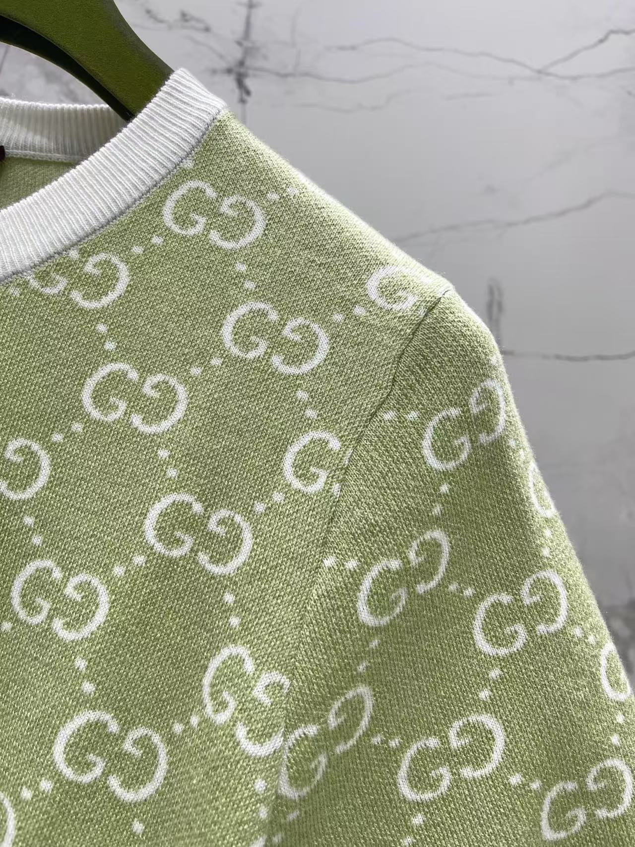 GU  26 Green Jacquard Pattern Short Sleeve Knit Top Contrast Crew Neck Slim