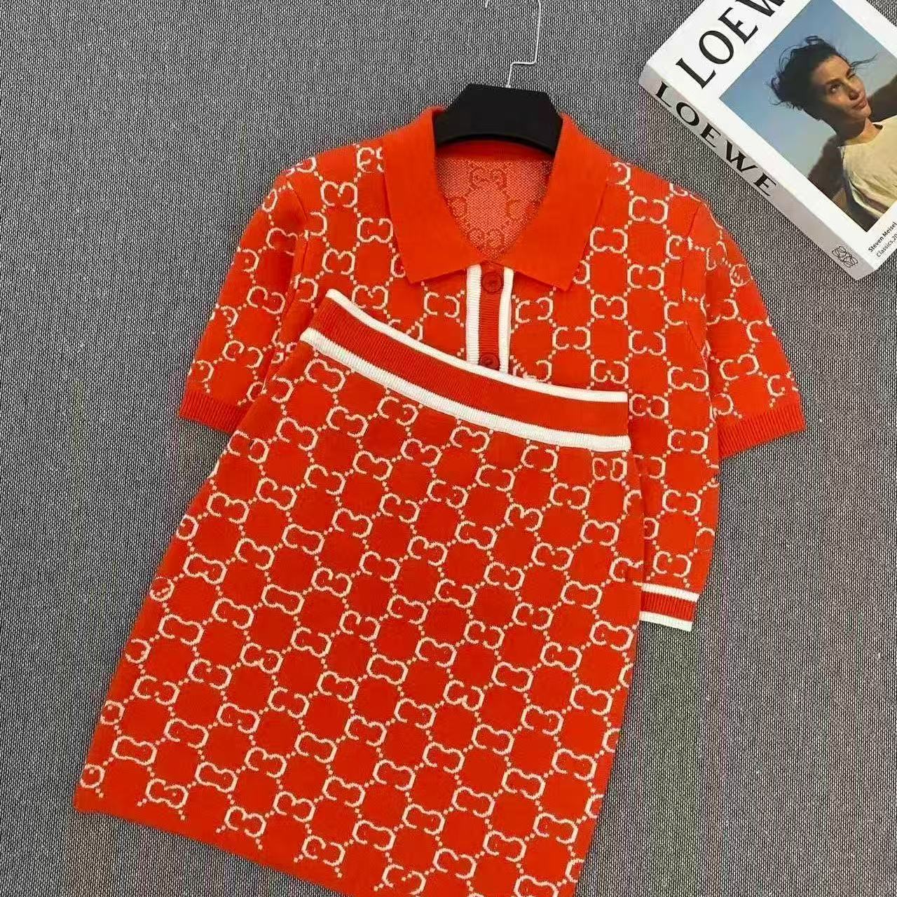 GU 26 Women Vintage Jacquard Polo Top Mini Skirt Matching Set