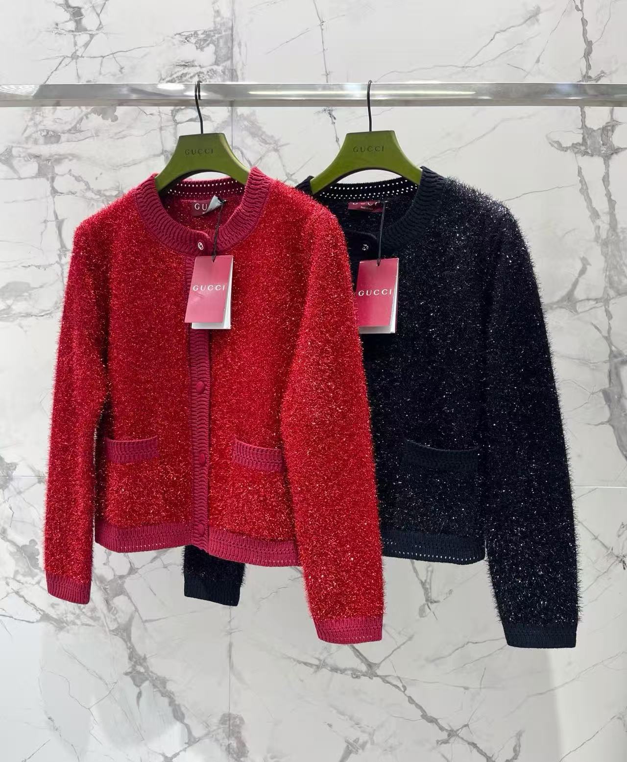 GU Sparkle Knit Button Front Cardigan Long Sleeve Pocket Jacket