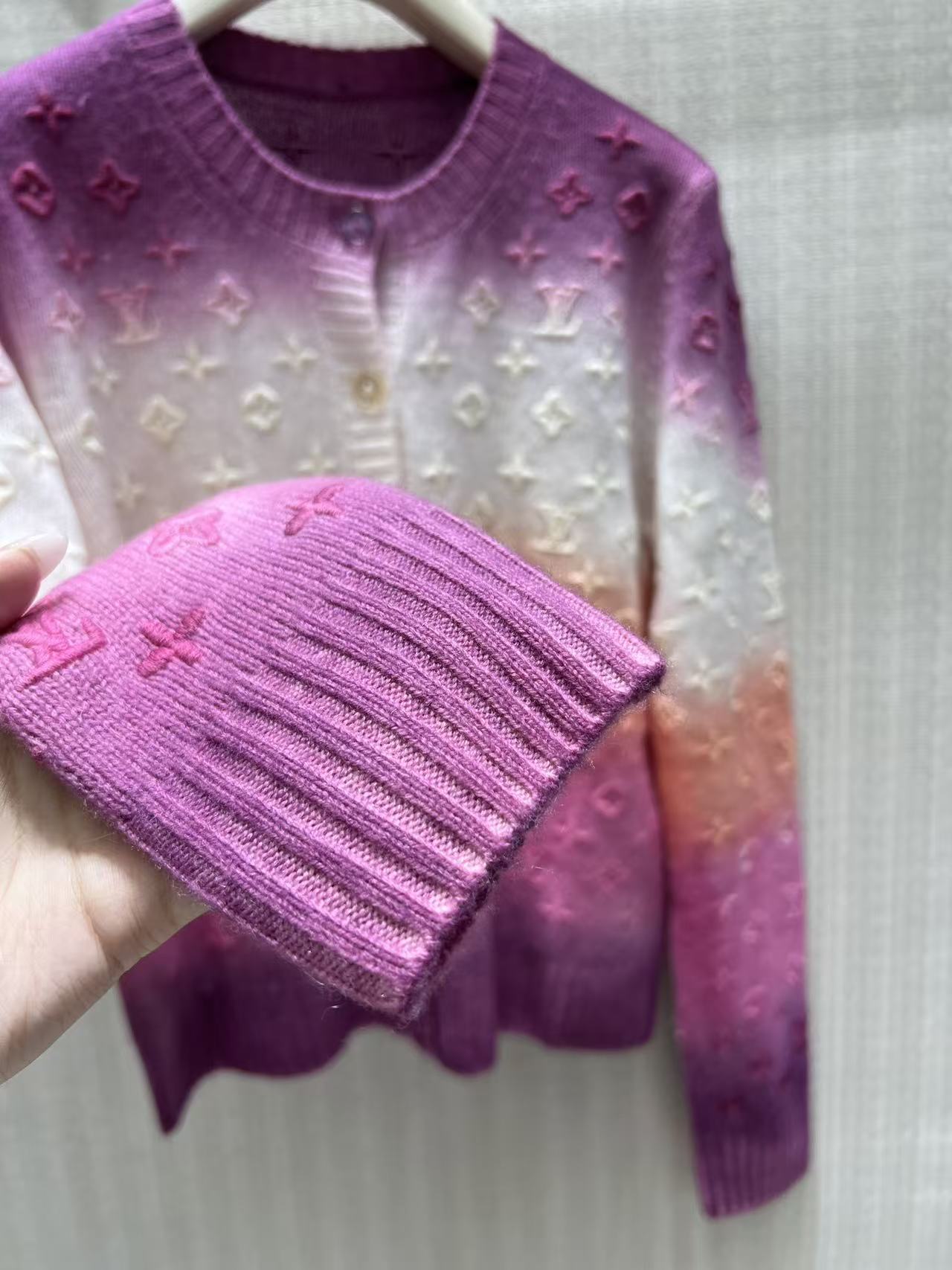 Gradient Color Embossed Monogram Knit Cardigan Women Round Neck Button Front Sweater Coat
