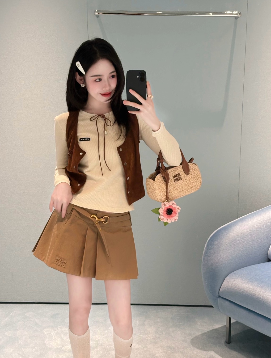 Mi-style Caramel Brown Pleated Mini Skirt