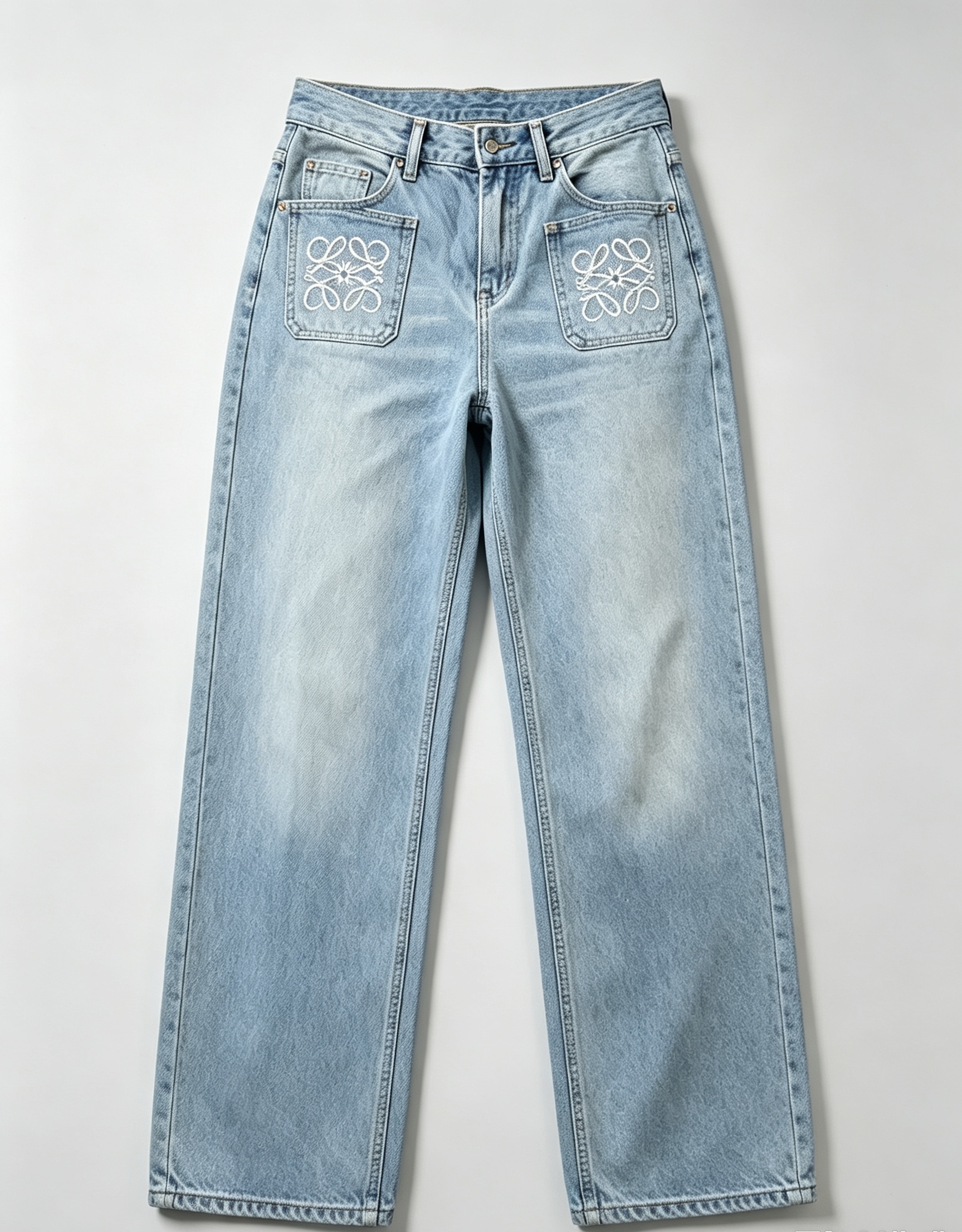 LOE Light Vintage Wash High Waist Wide Leg Jeans with Dual Anagram Embroidered Pockets