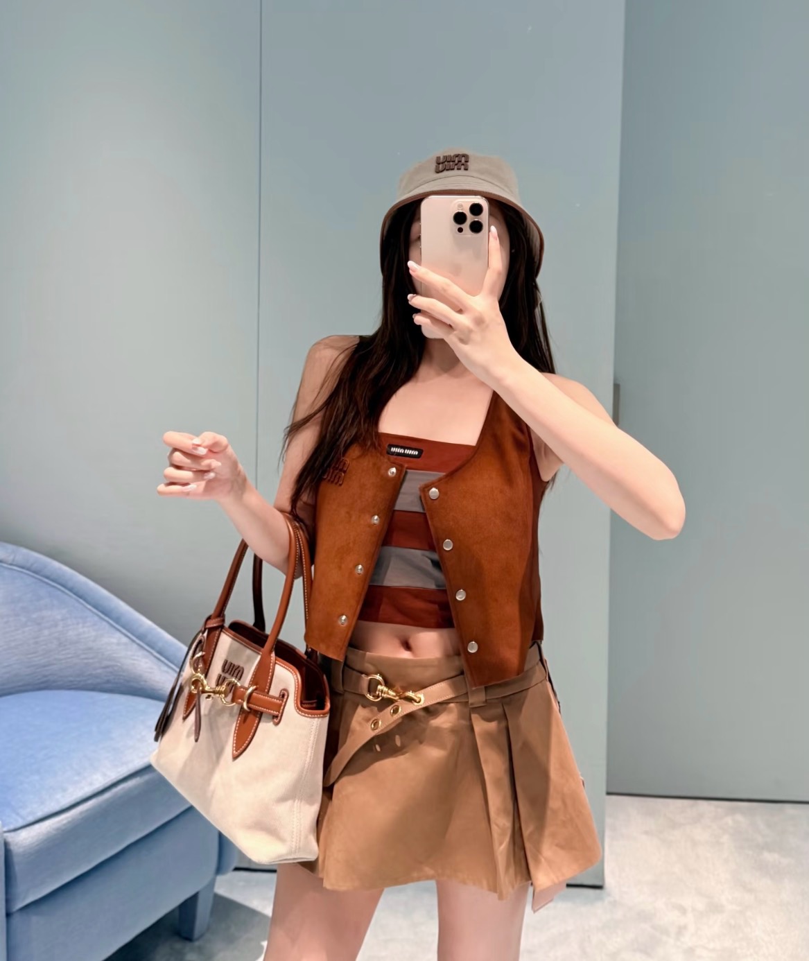 Mi-style Caramel Brown Pleated Mini Skirt