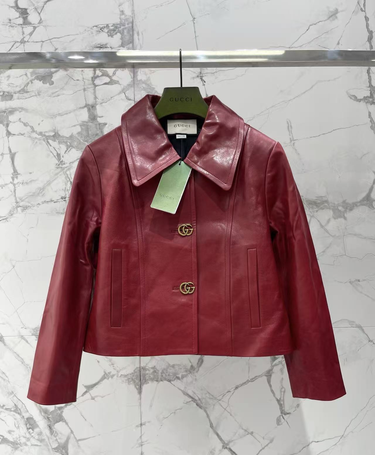 GU 26 Women Black Leather Cropped Jacket With Double G Metal Buttons