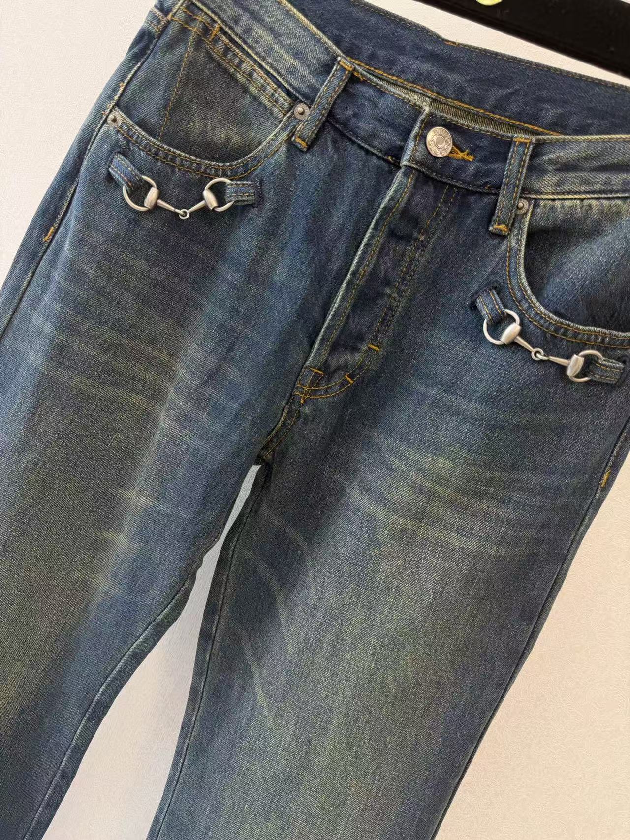 GU 26 Mid Rise Loose Fit Vintage Blue Denim Trousers Classic Horsebit Buckle Detail