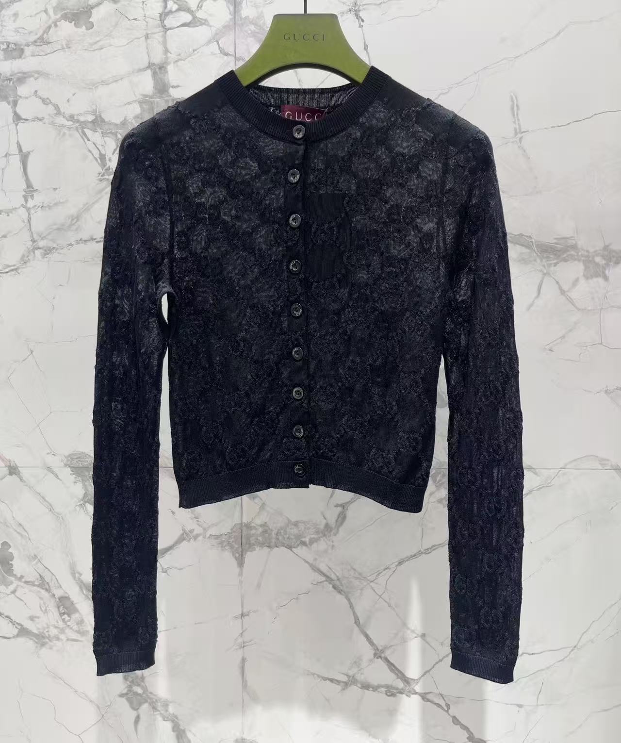 GU 26Sheer Flower Lace Round Neck Button Front Knit Jacket