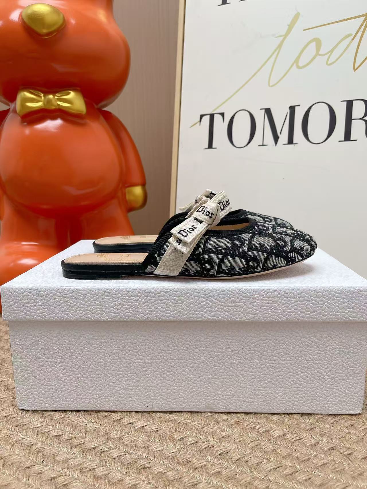 Di Jacquard Pattern Ribbon Bow Mule Slides