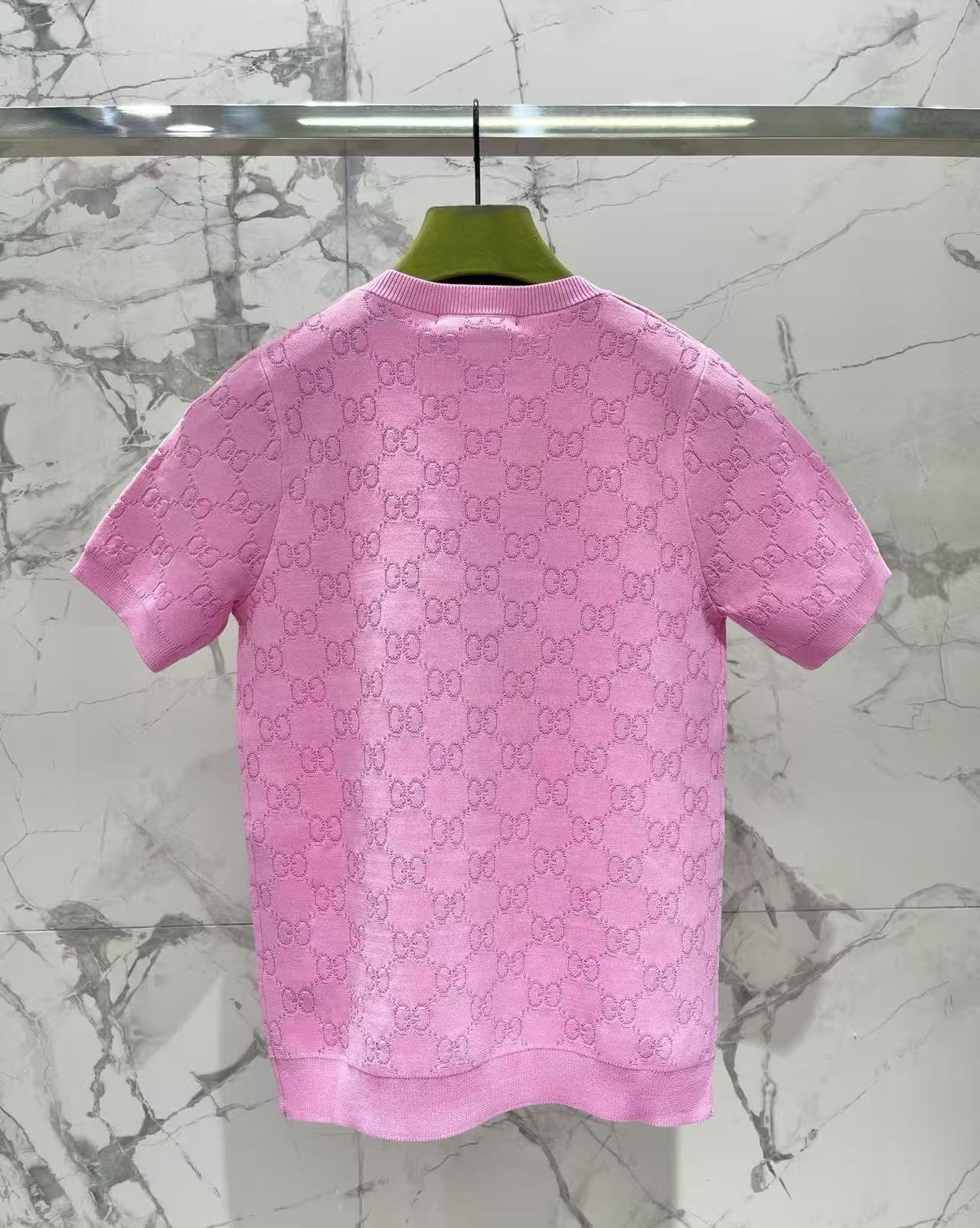 GU Pink Jacquard Pattern Knitted Short Sleeve Top Crew Neck Slim Fit Pullover Tee For Women