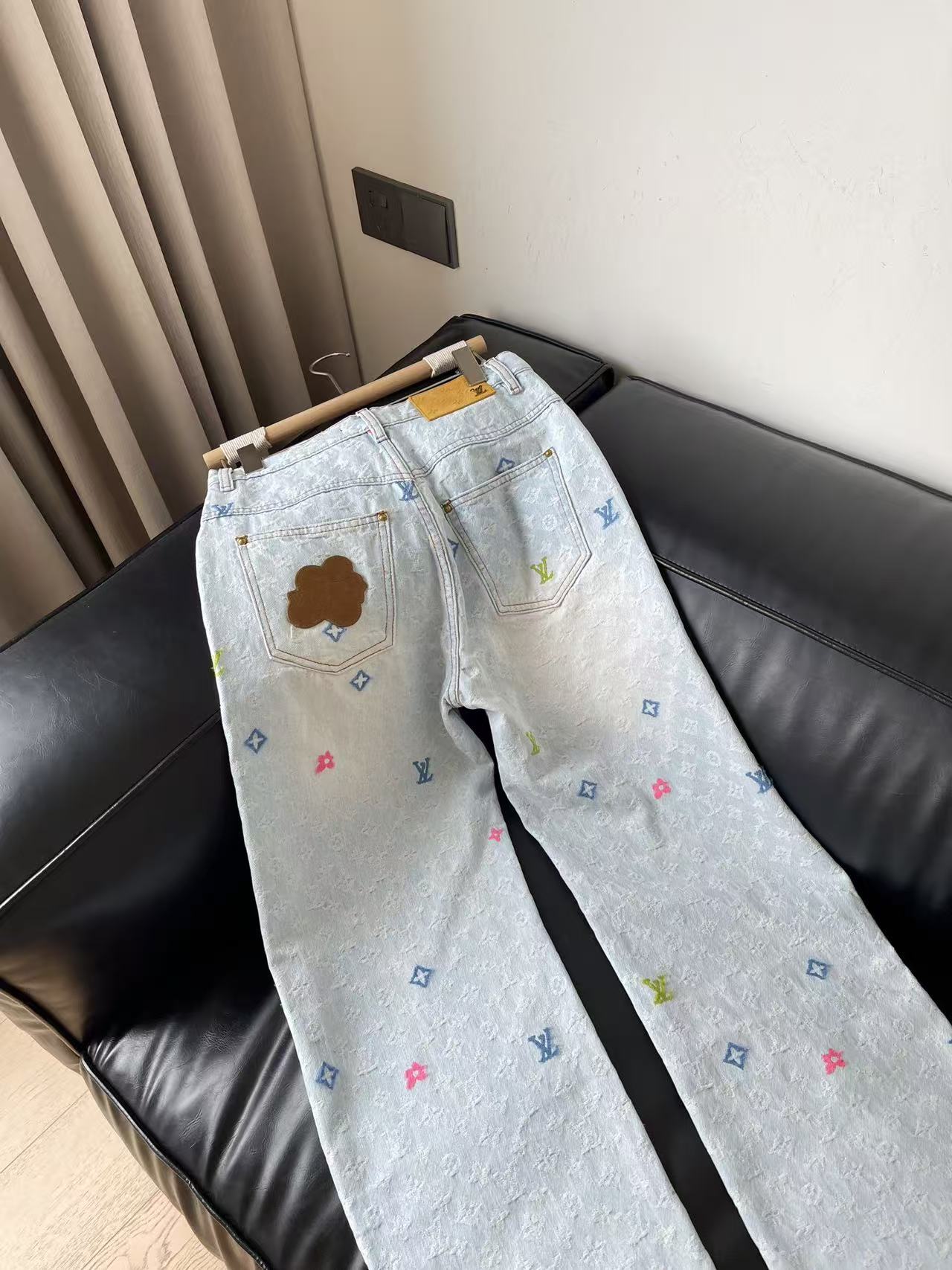LO 26Pale Blue High Waist Five Pocket Loose Denim Pants Colorful Mini Pattern