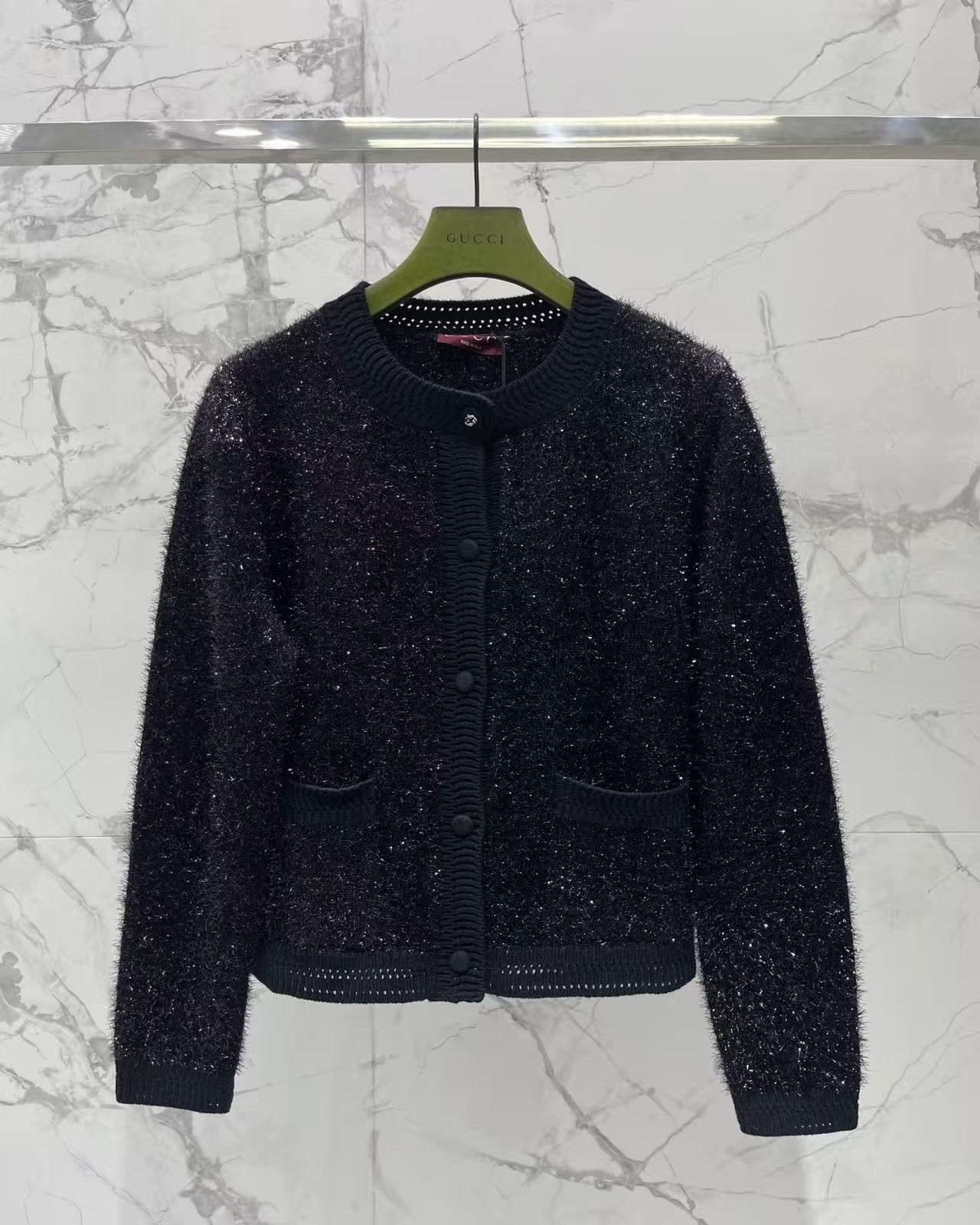 GU Sparkle Knit Button Front Cardigan Long Sleeve Pocket Jacket
