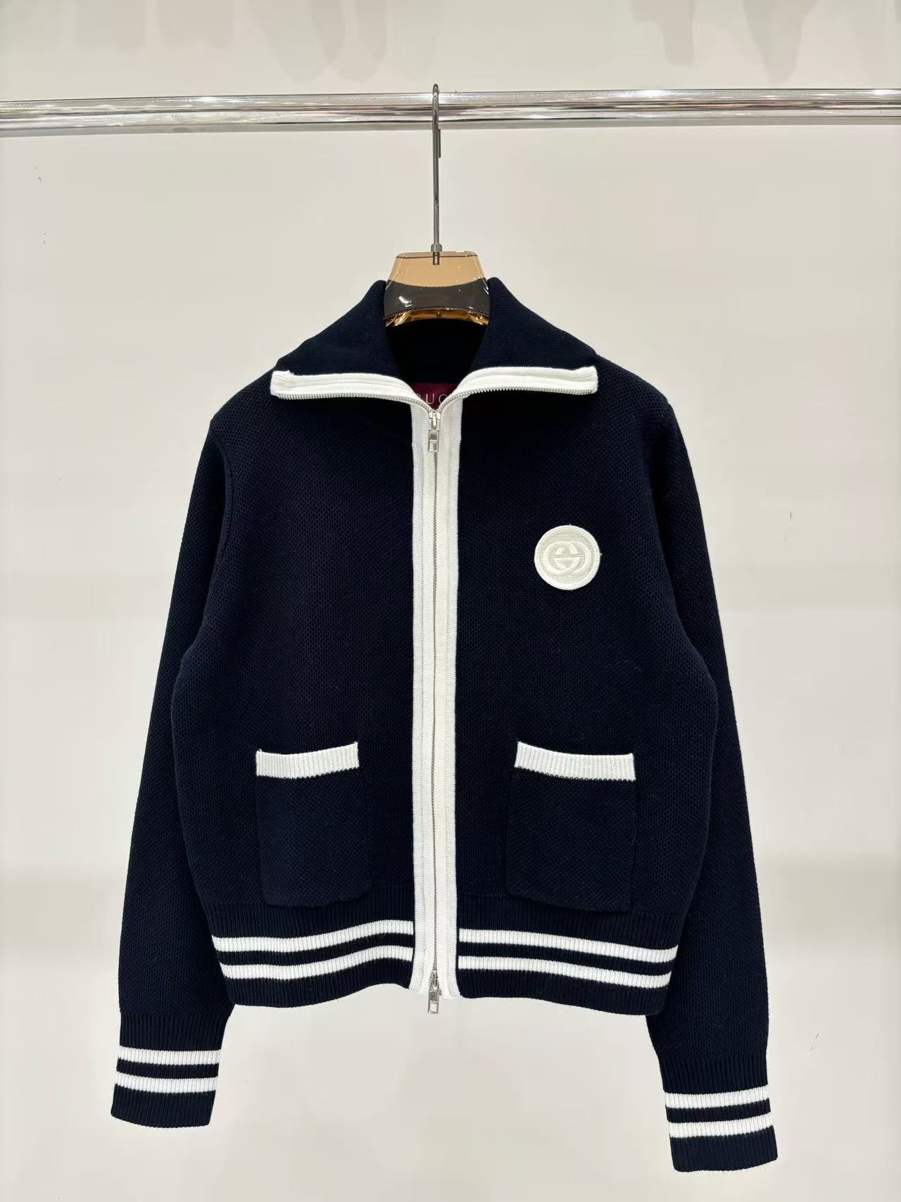 GU 26 Nautical Style Color Block Knit Cardigan Full Zipper Front Pockets Ribbed Stripe Cuff & Hem