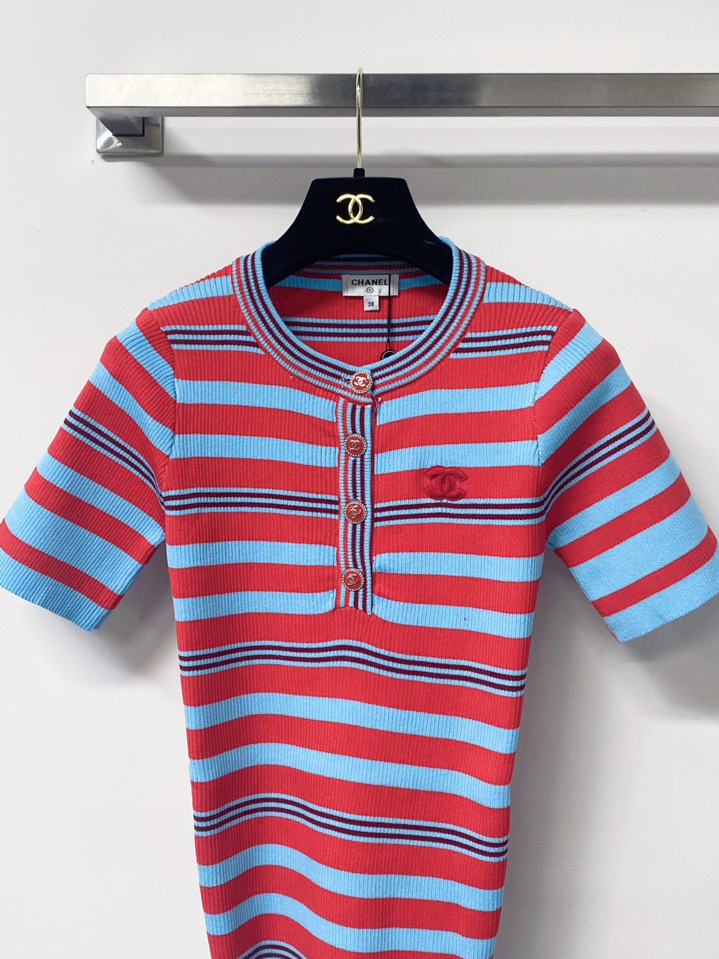 cha 26 Half Button Ribbed Striped Knit Blouse