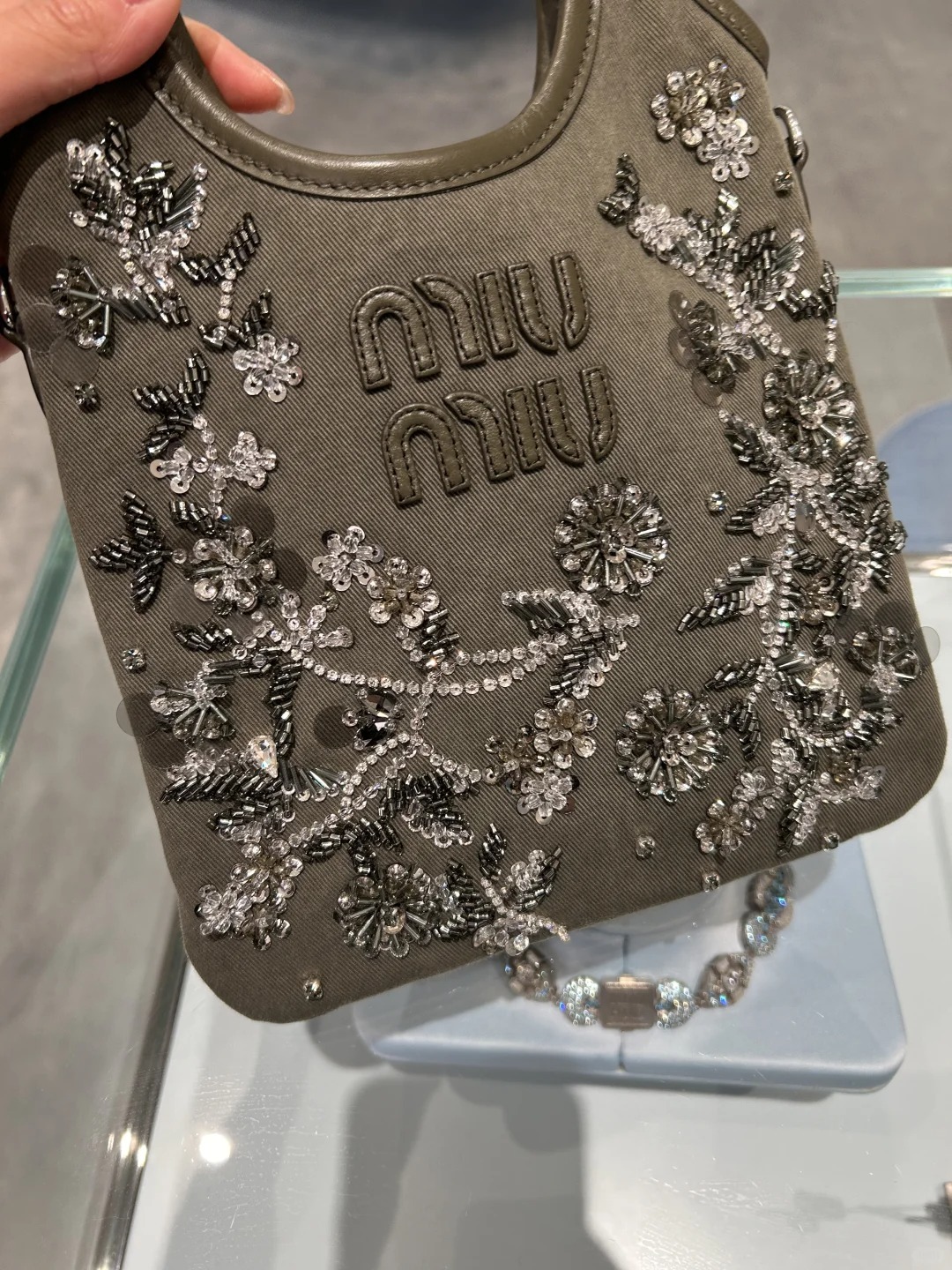 MIU Hand Embroidered Beaded Diamond Tote Bag