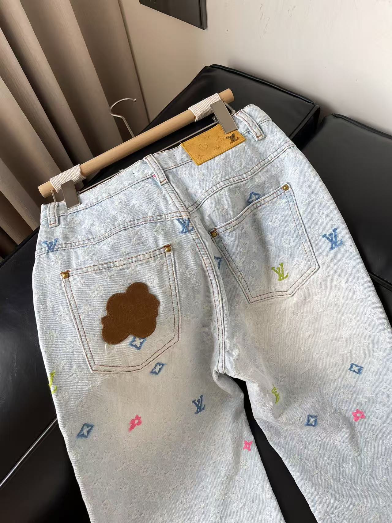 LO 26Pale Blue High Waist Five Pocket Loose Denim Pants Colorful Mini Pattern
