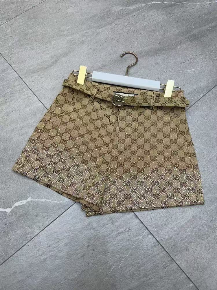 GU 26Women Monogram Rhinestone High Waist Shorts With Belt