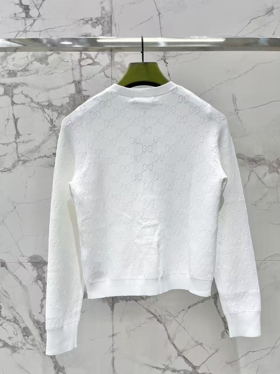 White Jacquard Knit Cardigan Round Neck Button Front Long Sleeve Slim Jacket