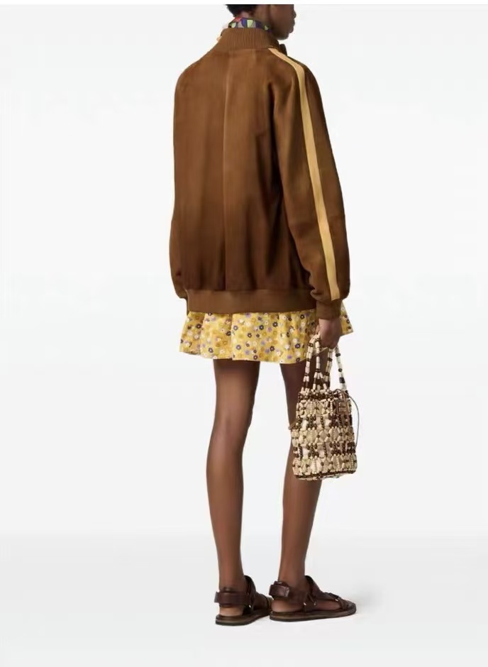 Mi color-block jacket coat! Brown stand-up collarzipper design