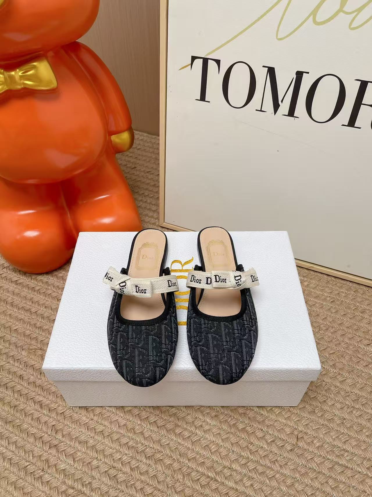 Di Jacquard Pattern Ribbon Bow Mule Slides