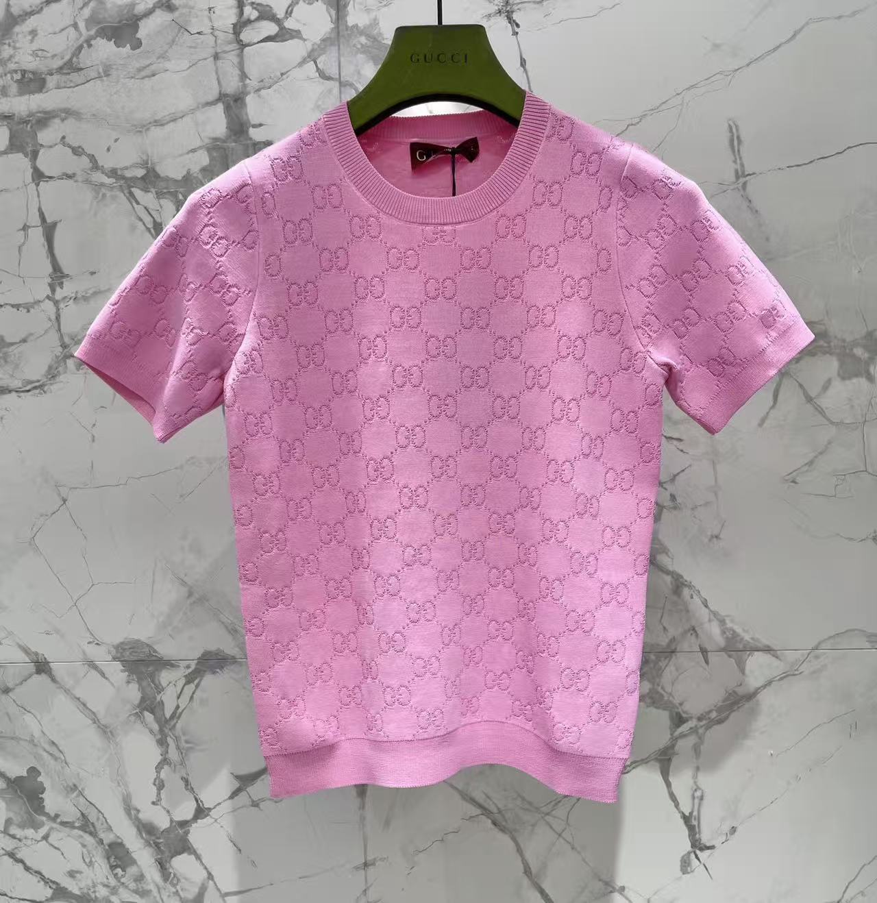 GU Pink Jacquard Pattern Knitted Short Sleeve Top Crew Neck Slim Fit Pullover Tee For Women