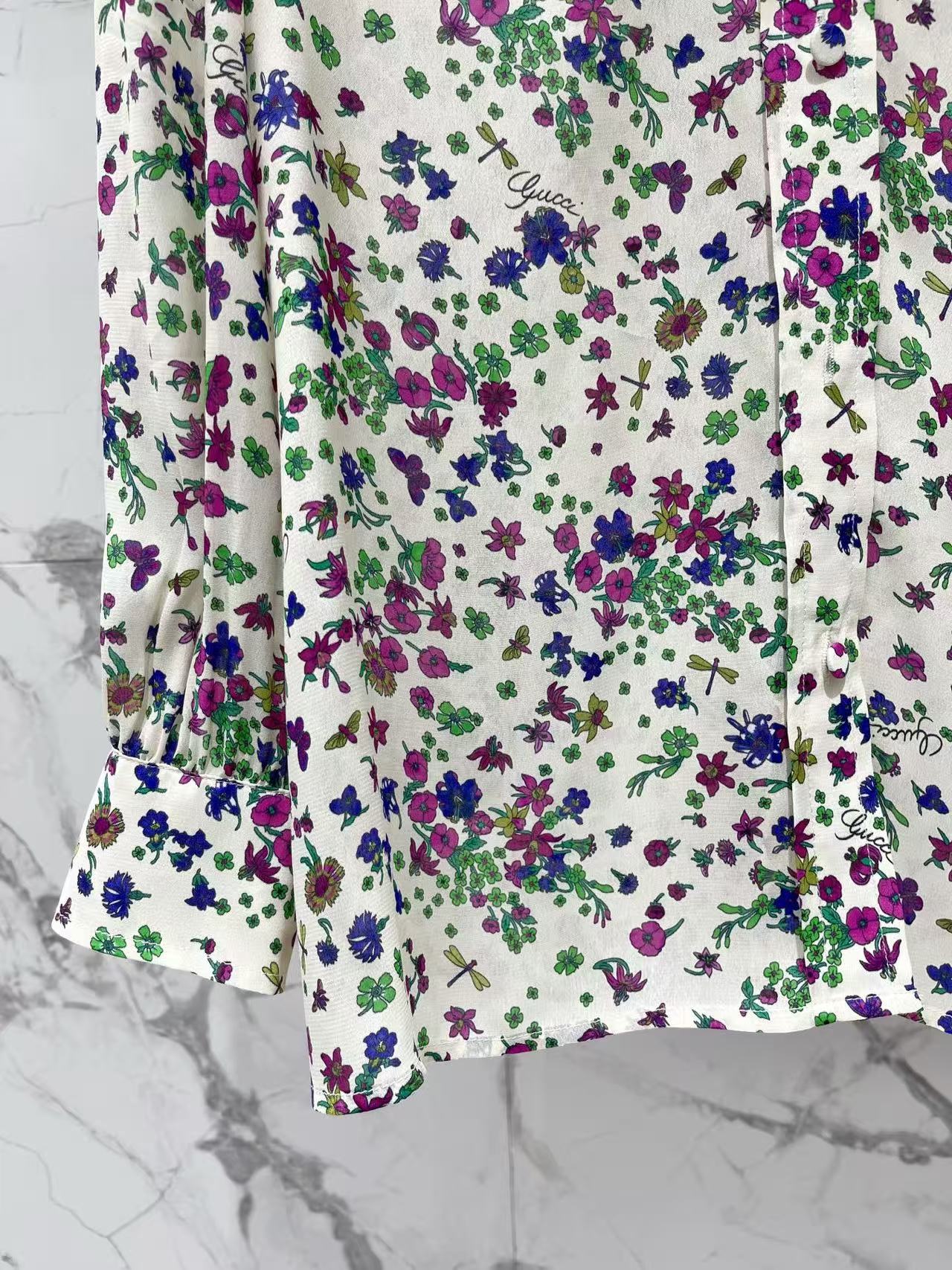 GU 26 Multi Color Wild Flower Bow Collar Satin Shirt
