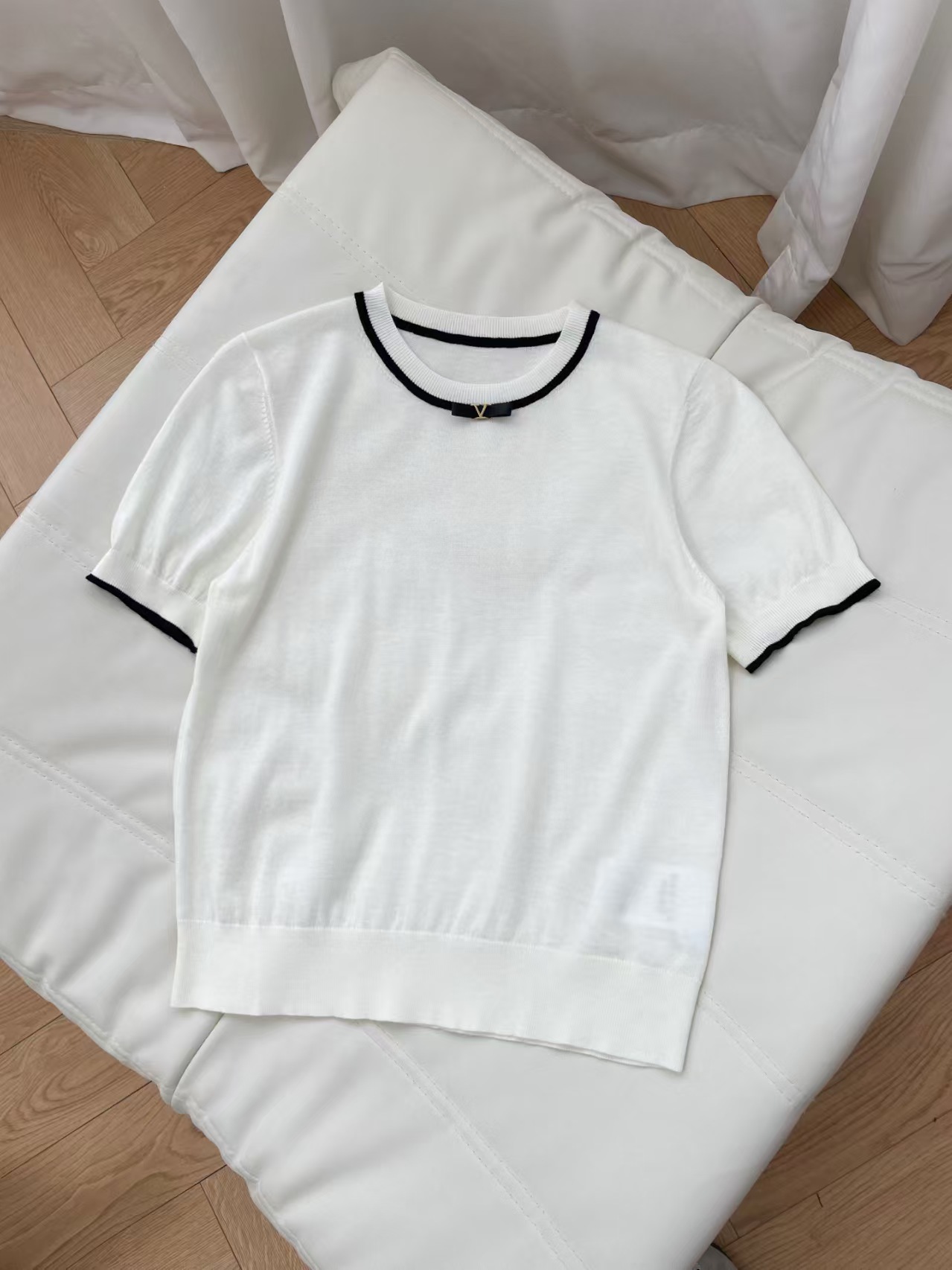 Cha Style Contrast Collar Bow Tie Knit Short Sleeve