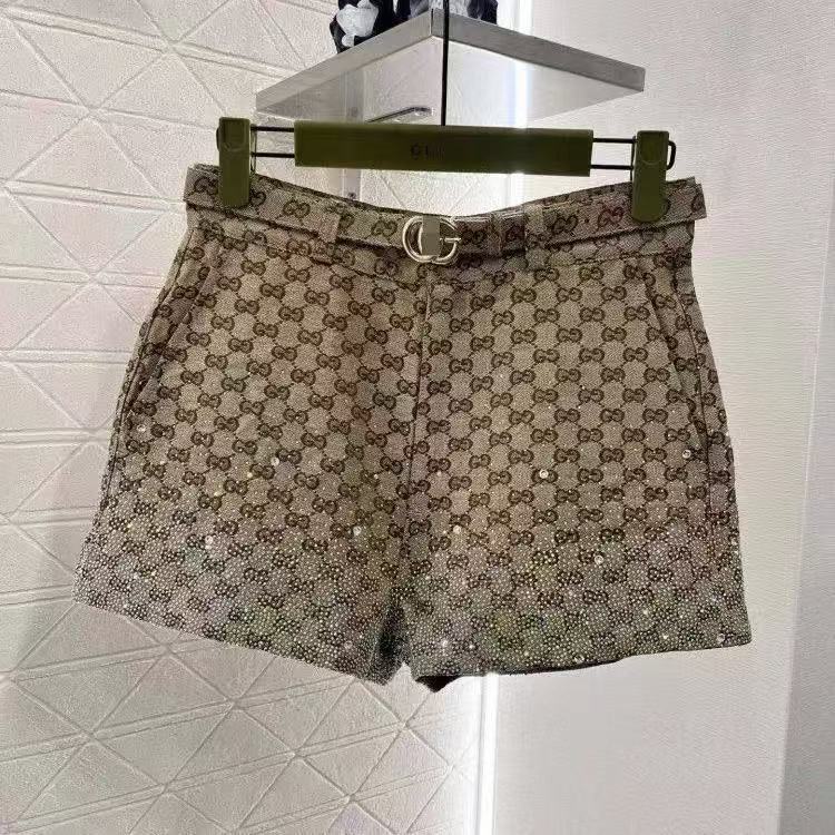 GU 26Women Monogram Rhinestone High Waist Shorts With Belt