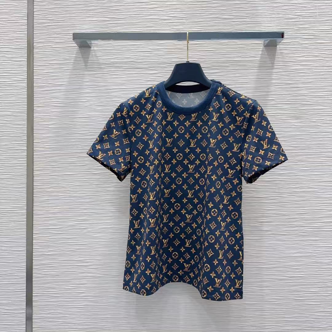 LO 26Navy All Over Gold Monogram Print Crew Neck Tee