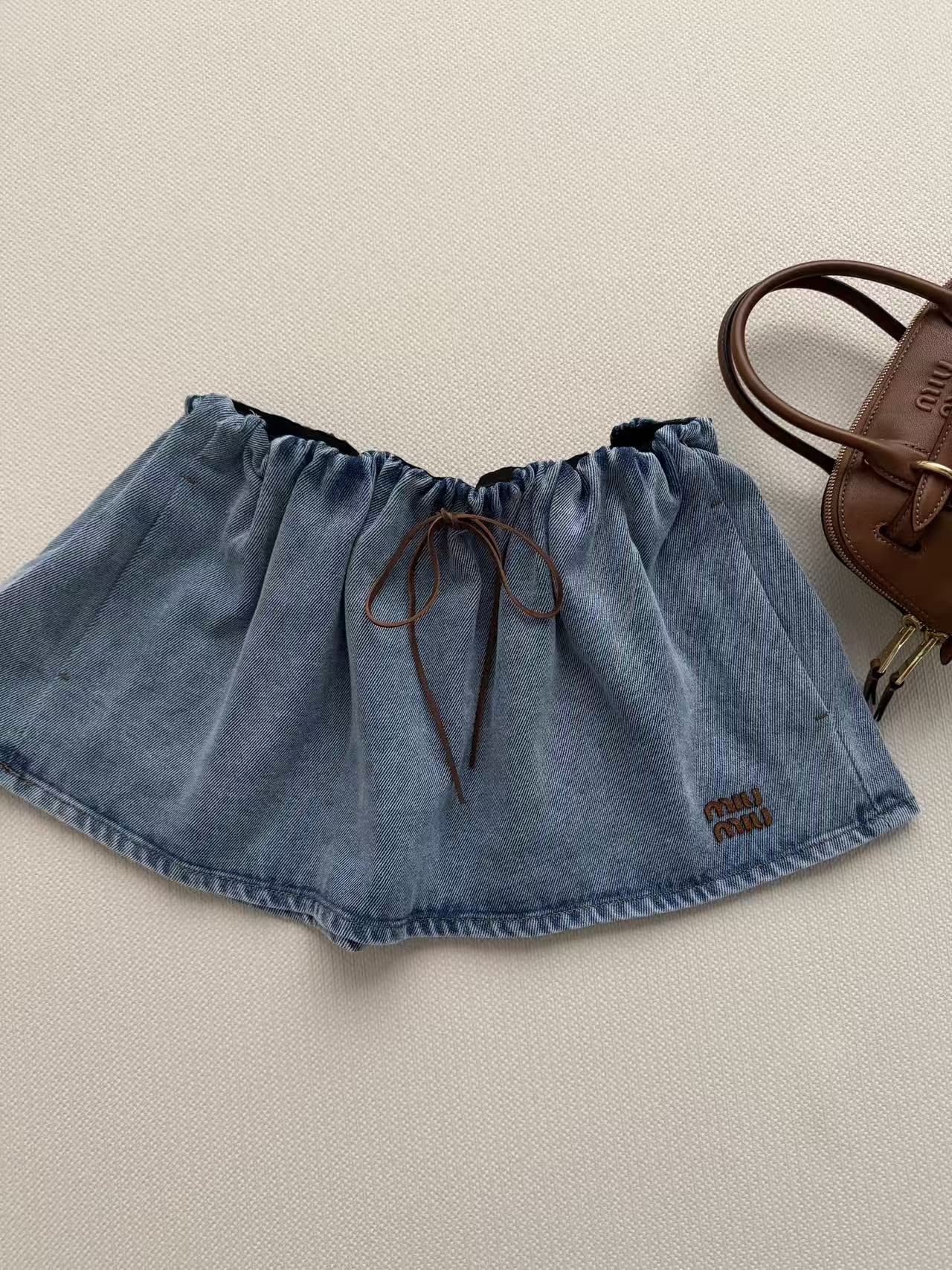 M Series Drawstring Waist Denim Mini Skort
