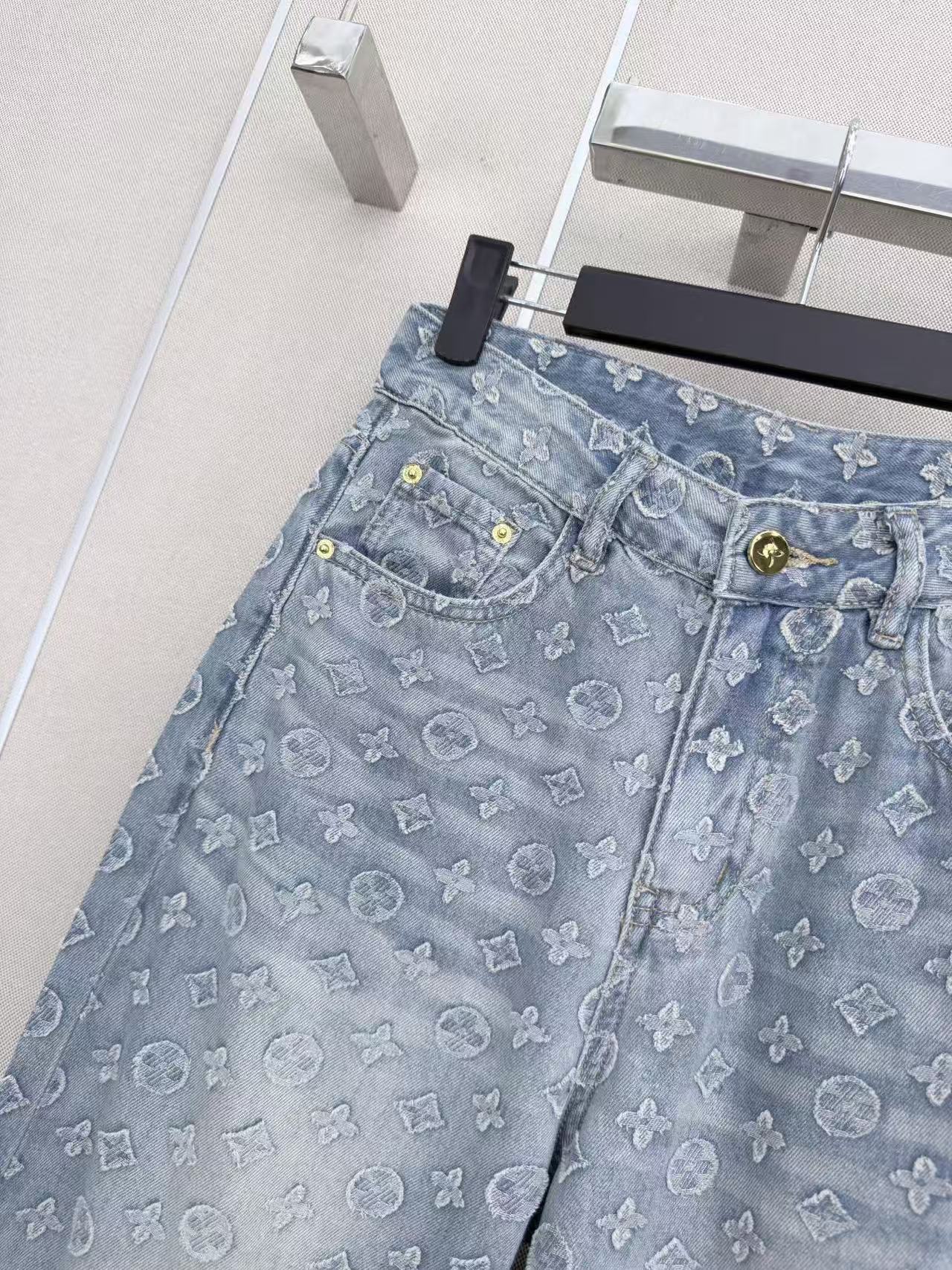 LO 26 High Waist All Over Jacquard Logo Loose Fit Denim Trousers