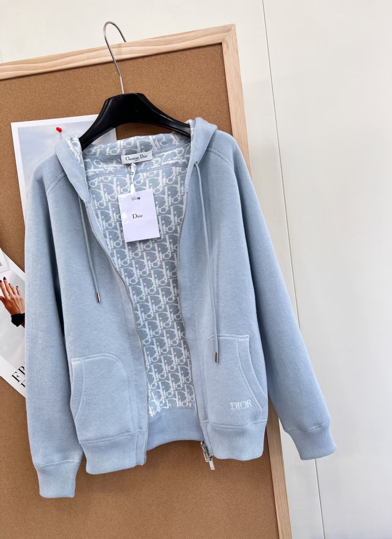 Di High-end baby blue obllque patterh togo zip-up cashmere jacket