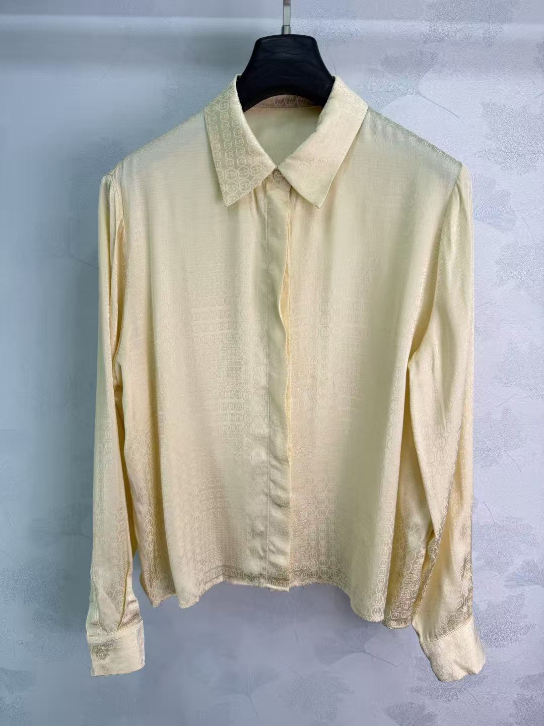 GU Cream Satin Texture Lapel Collar Long Sleeve Button Down Blouse