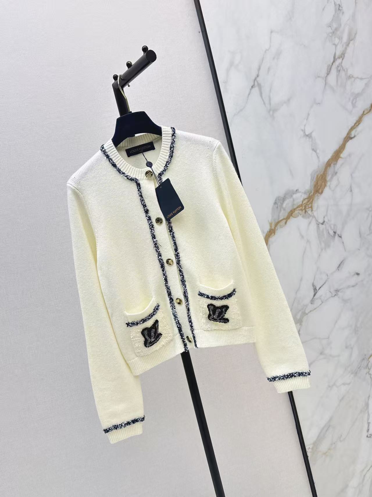 LO Tweed Trim Round Neck Knit Cardigan