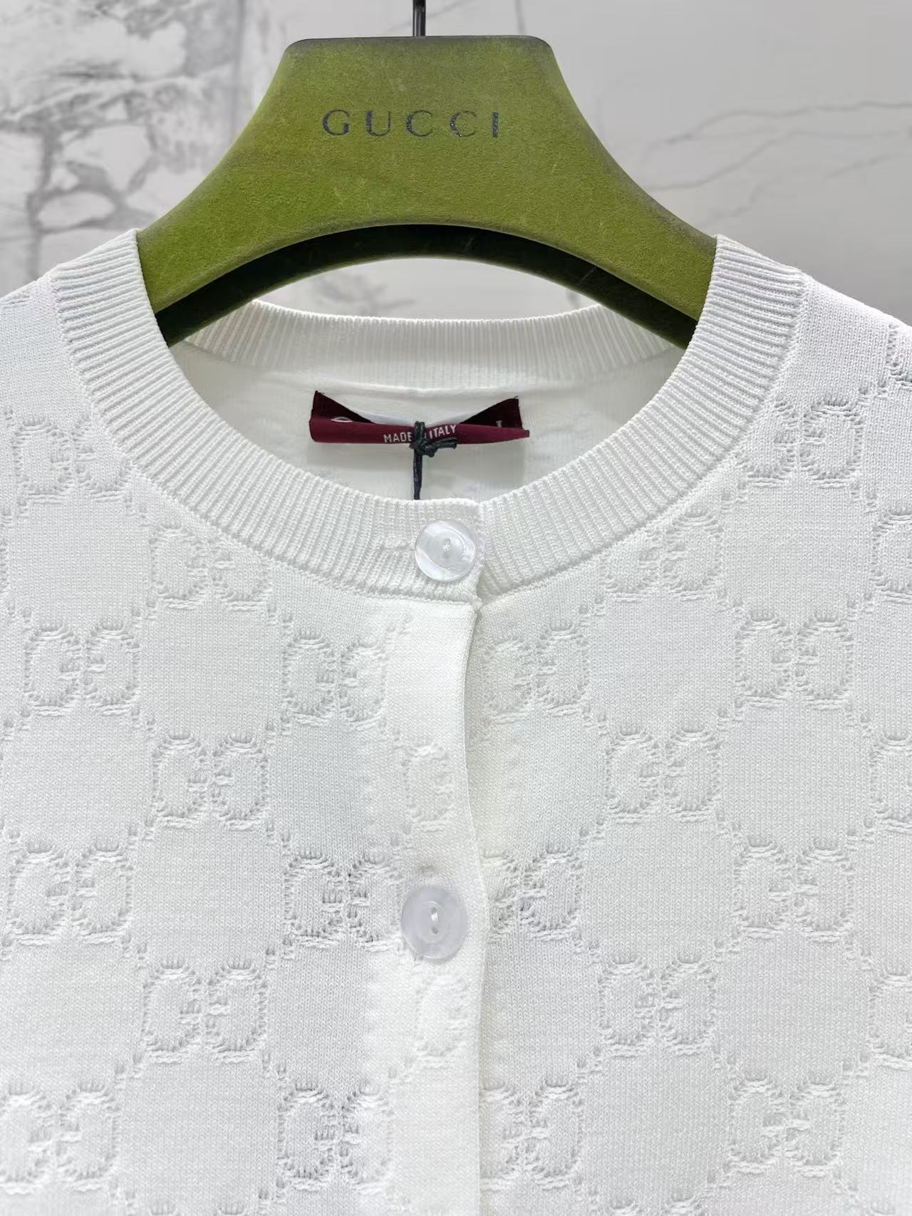 White Jacquard Knit Cardigan Round Neck Button Front Long Sleeve Slim Jacket