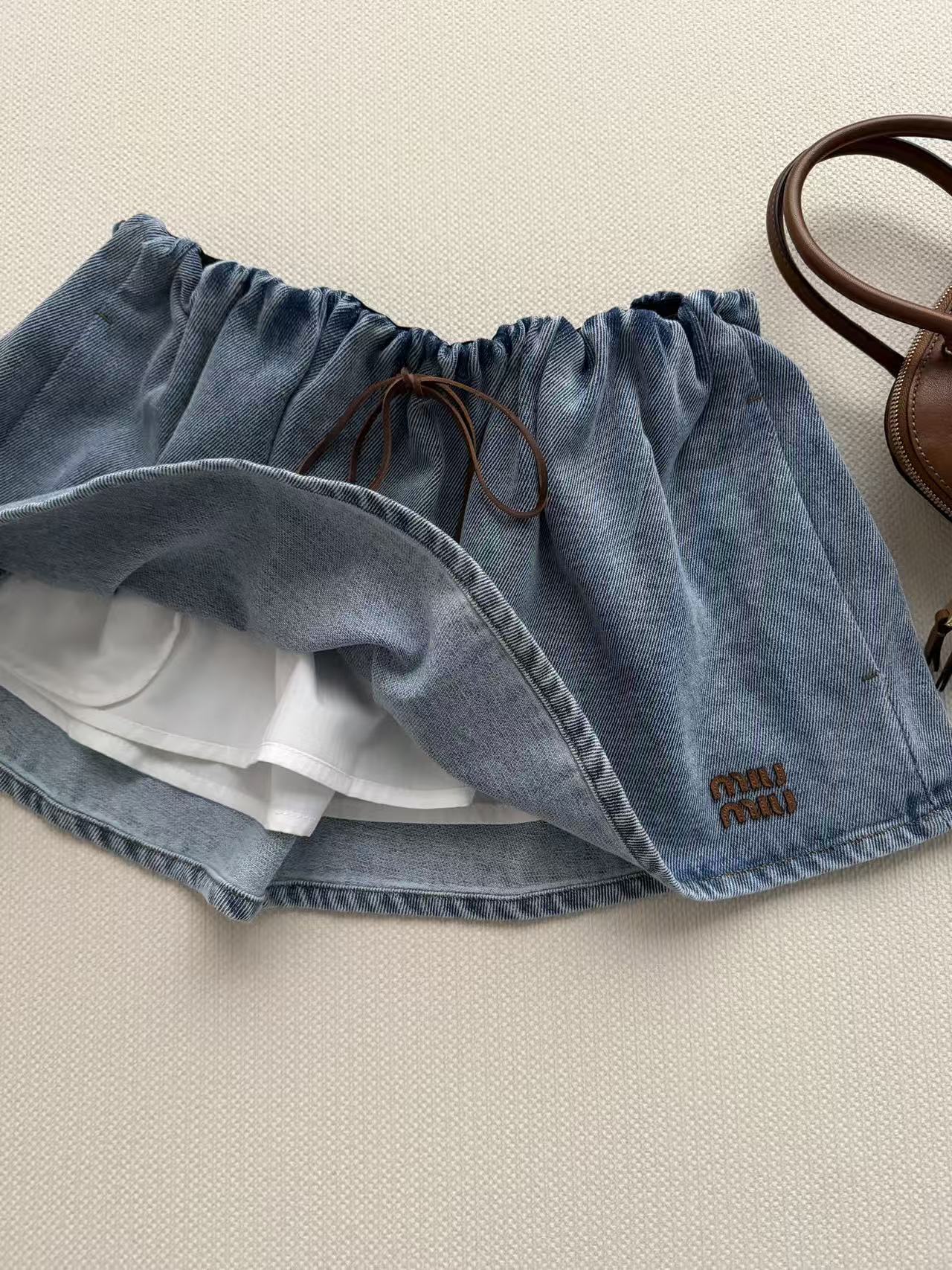 M Series Drawstring Waist Denim Mini Skort
