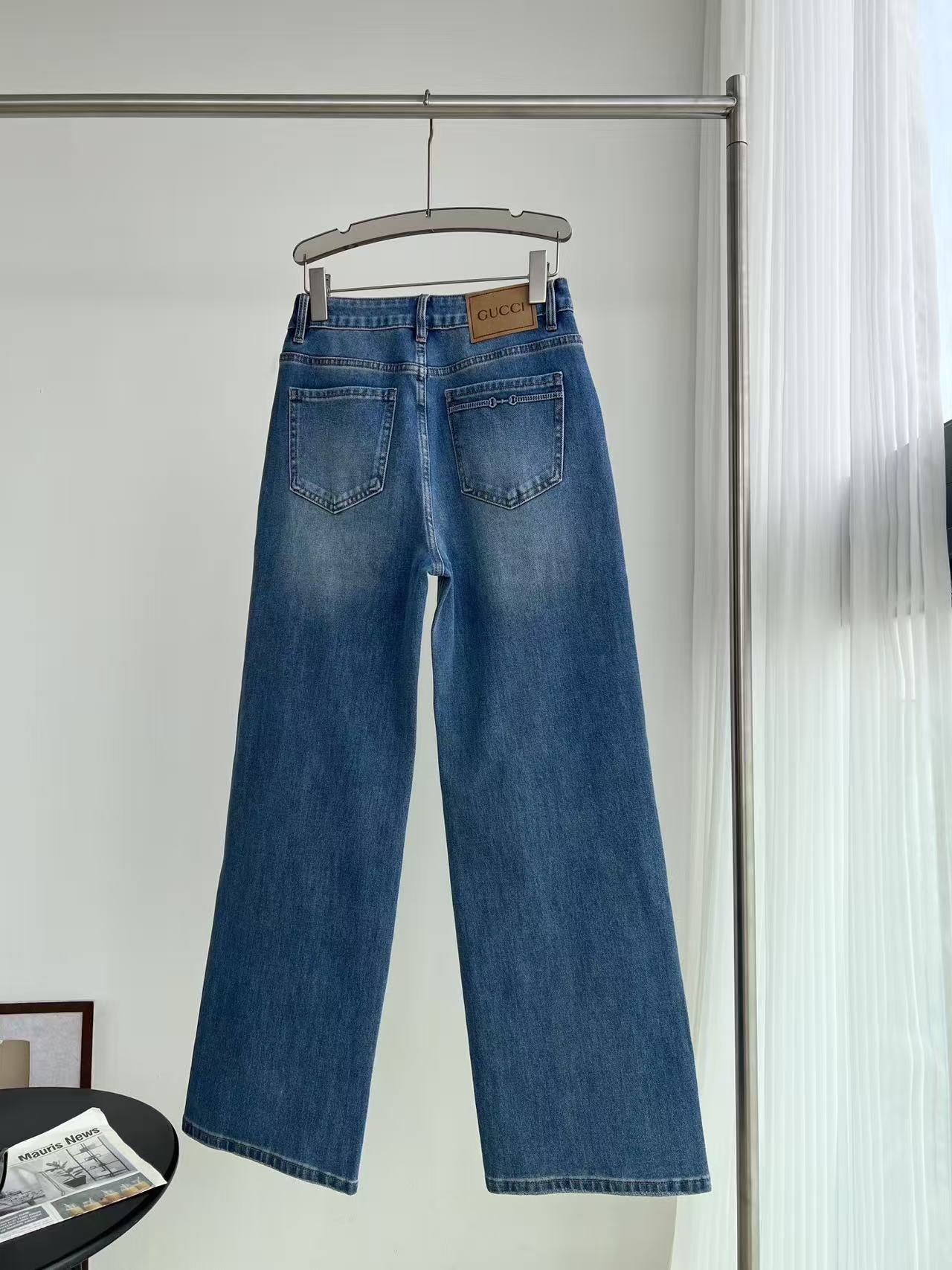 GU High Waist Vintage Blue Washed Wide Leg Denim Jeans