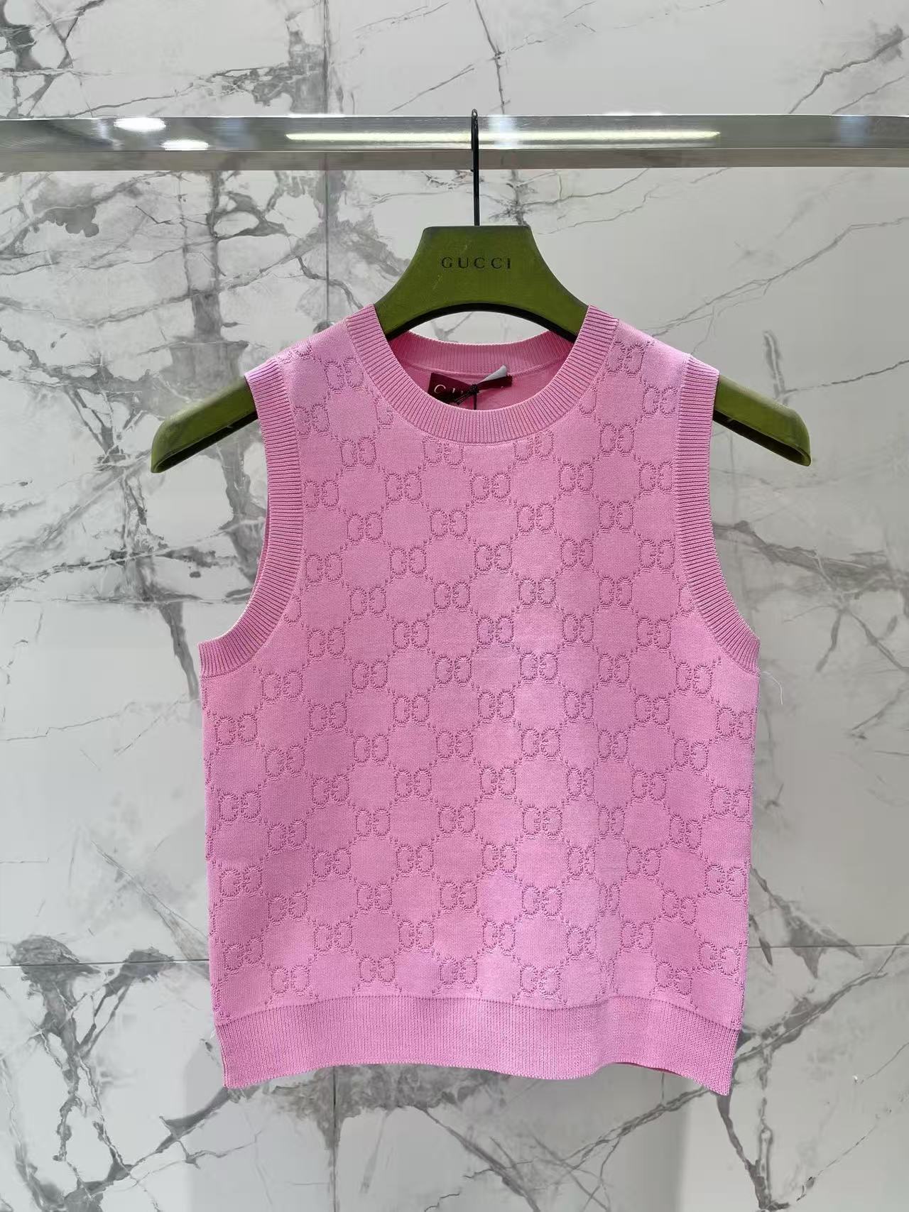 GU All Over Jacquard Sleeveless Knit Top Crew Neck Slim Fit Tank Vest For Women