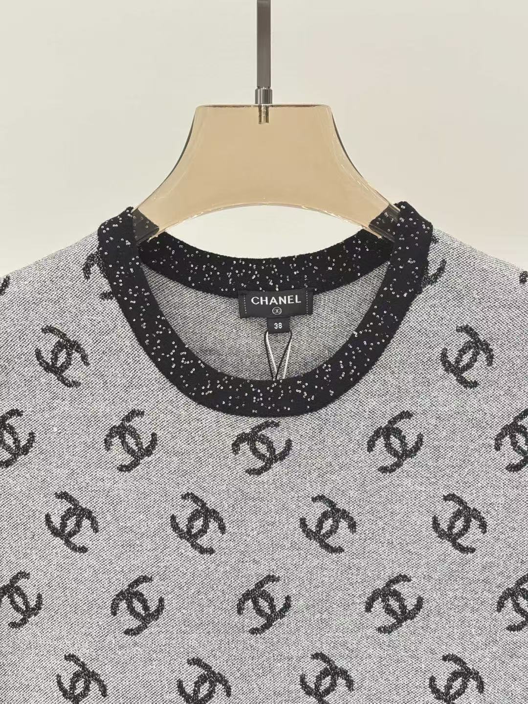 Cha 26 Grey All Over Logo Knit Mini Dress Glitter Trim