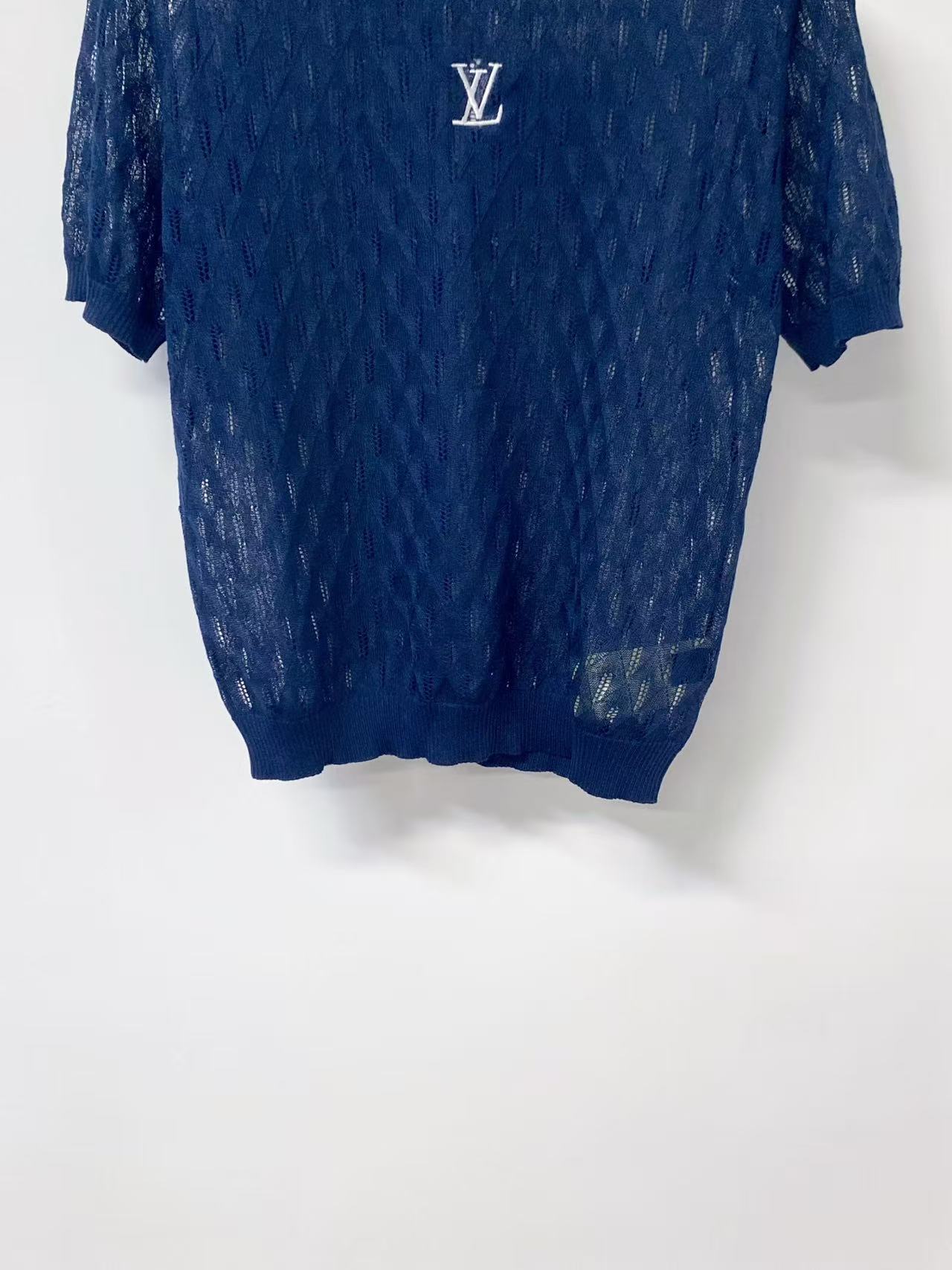 LO 26Navy Diamond Hollow Knit Short Sleeve Top