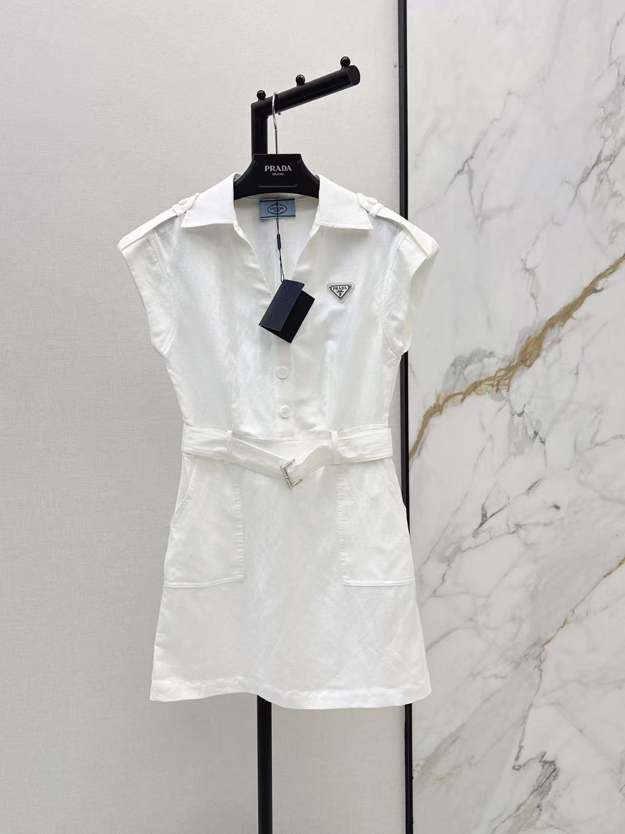 PR Sleeveless Cargo Belted Mini Shirt Dress With Triangle Logo Badge
