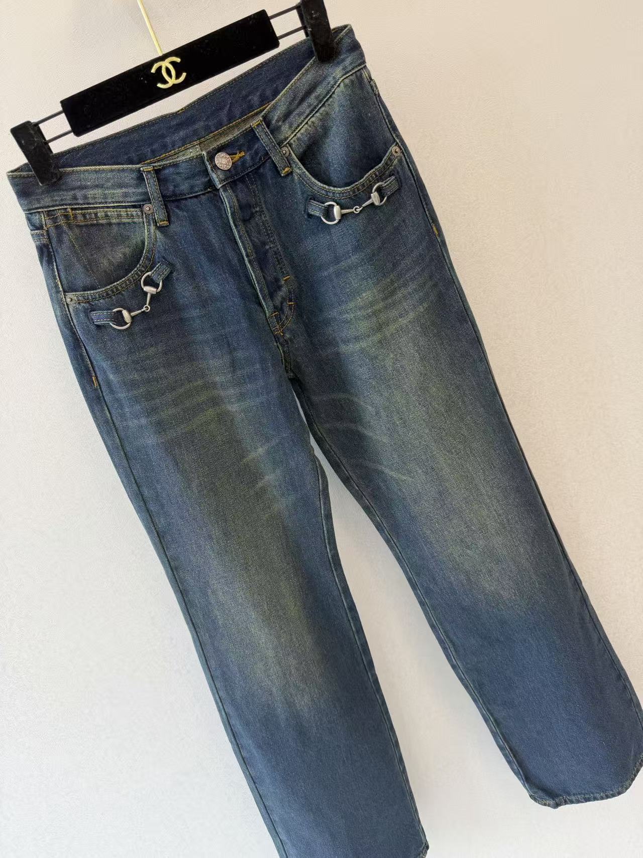 GU 26 Mid Rise Loose Fit Vintage Blue Denim Trousers Classic Horsebit Buckle Detail