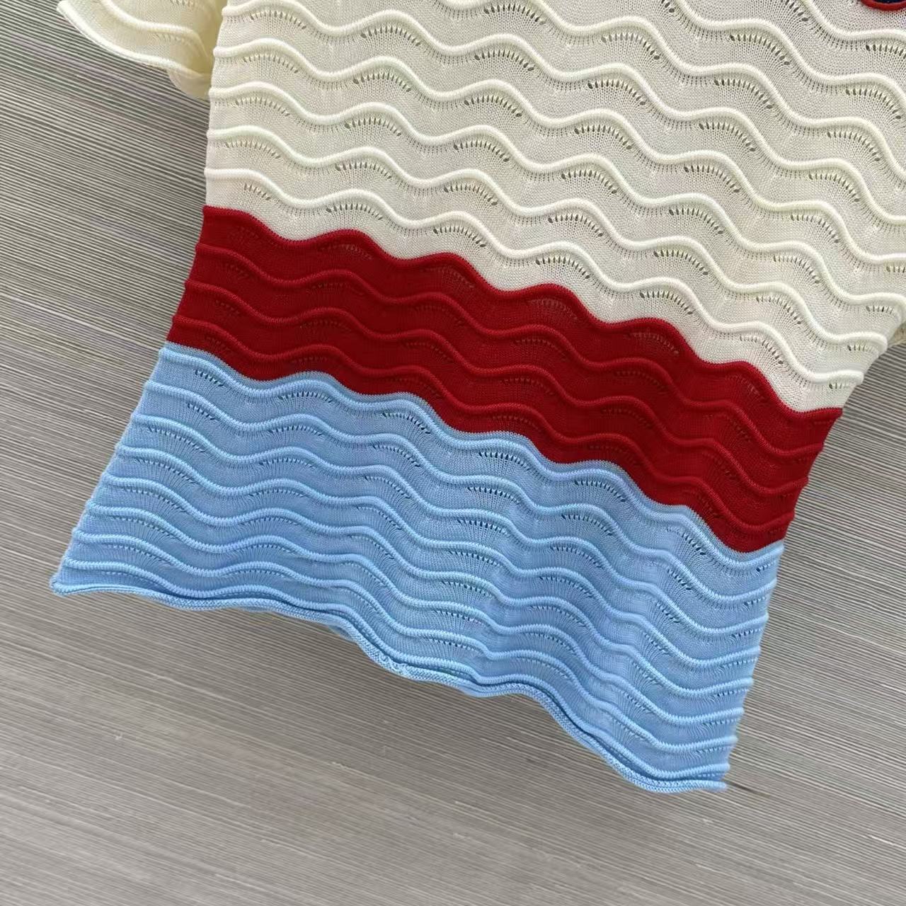 GU Striped Wave Knit Polo Shirt Contrast Collar Short Sleeve Slim Fit