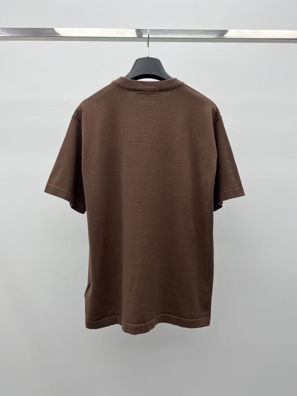 LO 26Coffee Crew Neck Fine Knit Short Sleeve Top Tiny Embroidery Logo On Chest
