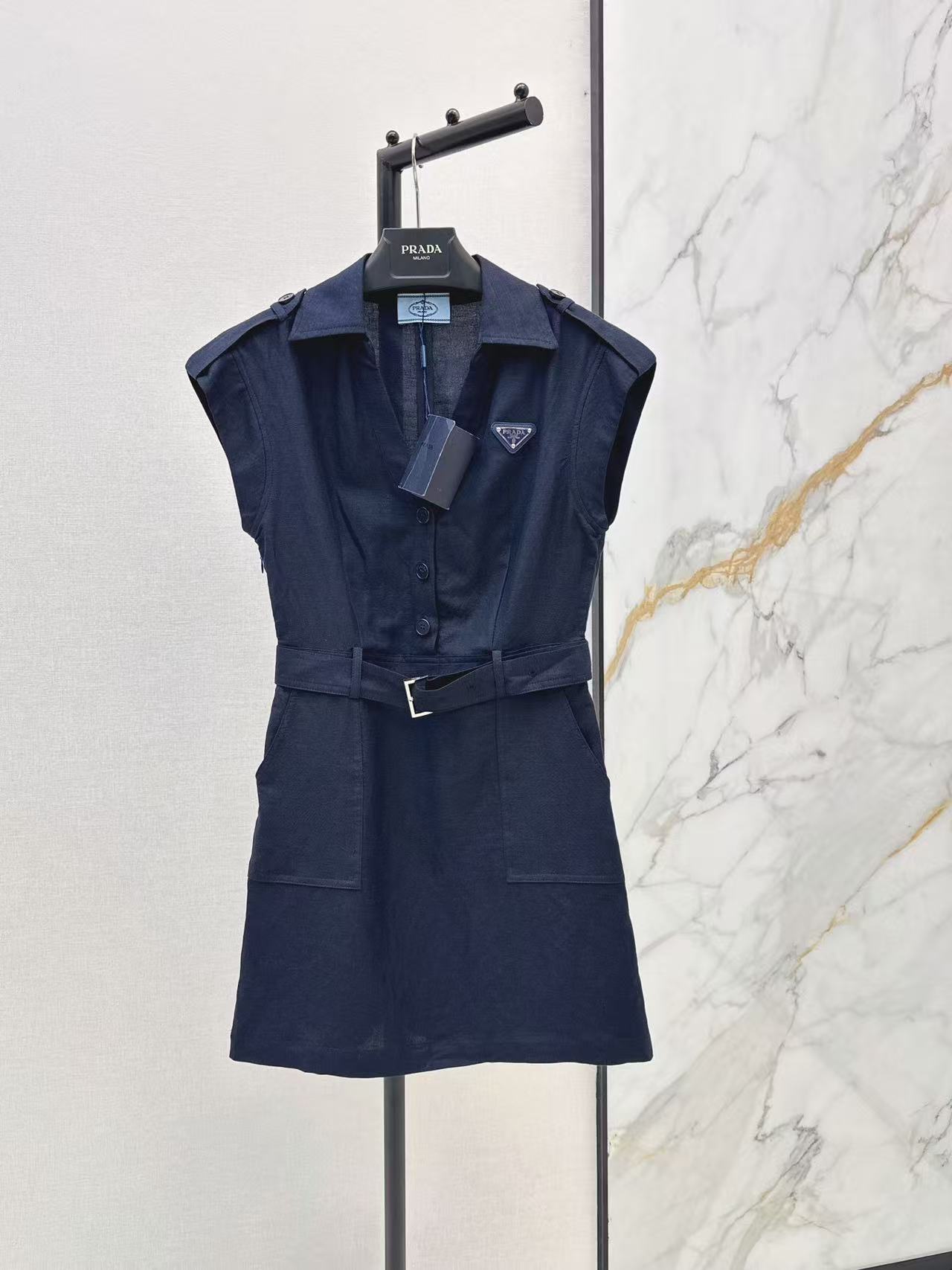 PR Sleeveless Cargo Belted Mini Shirt Dress With Triangle Logo Badge