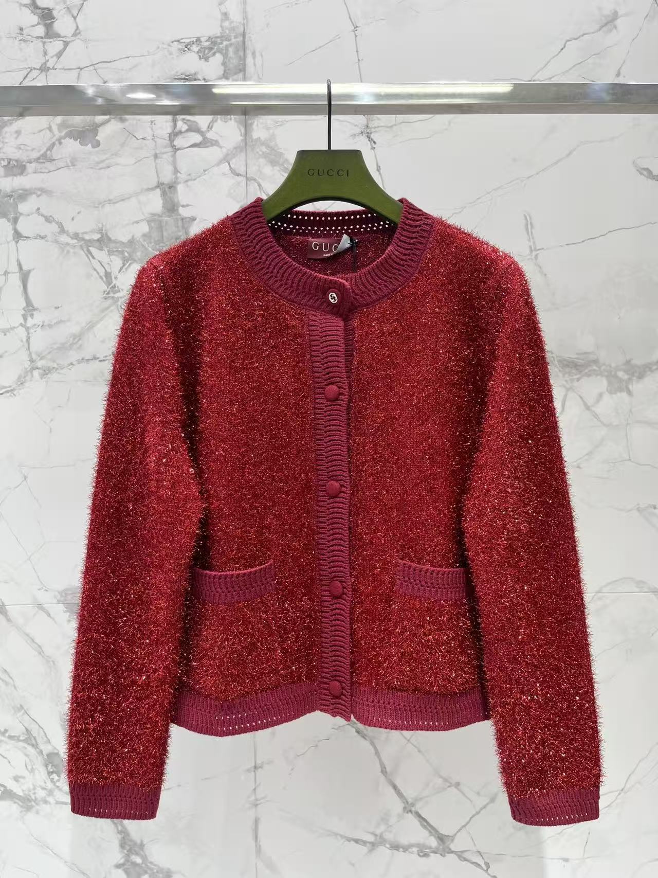 GU Sparkle Knit Button Front Cardigan Long Sleeve Pocket Jacket
