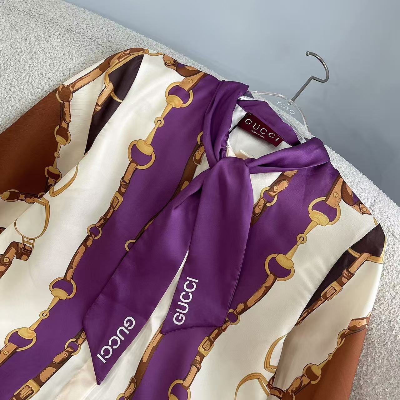 GU 26 Women Luxury Chain Print Tie Neck Blouse Long Sleeve Satin Shirt Elegant Office Top